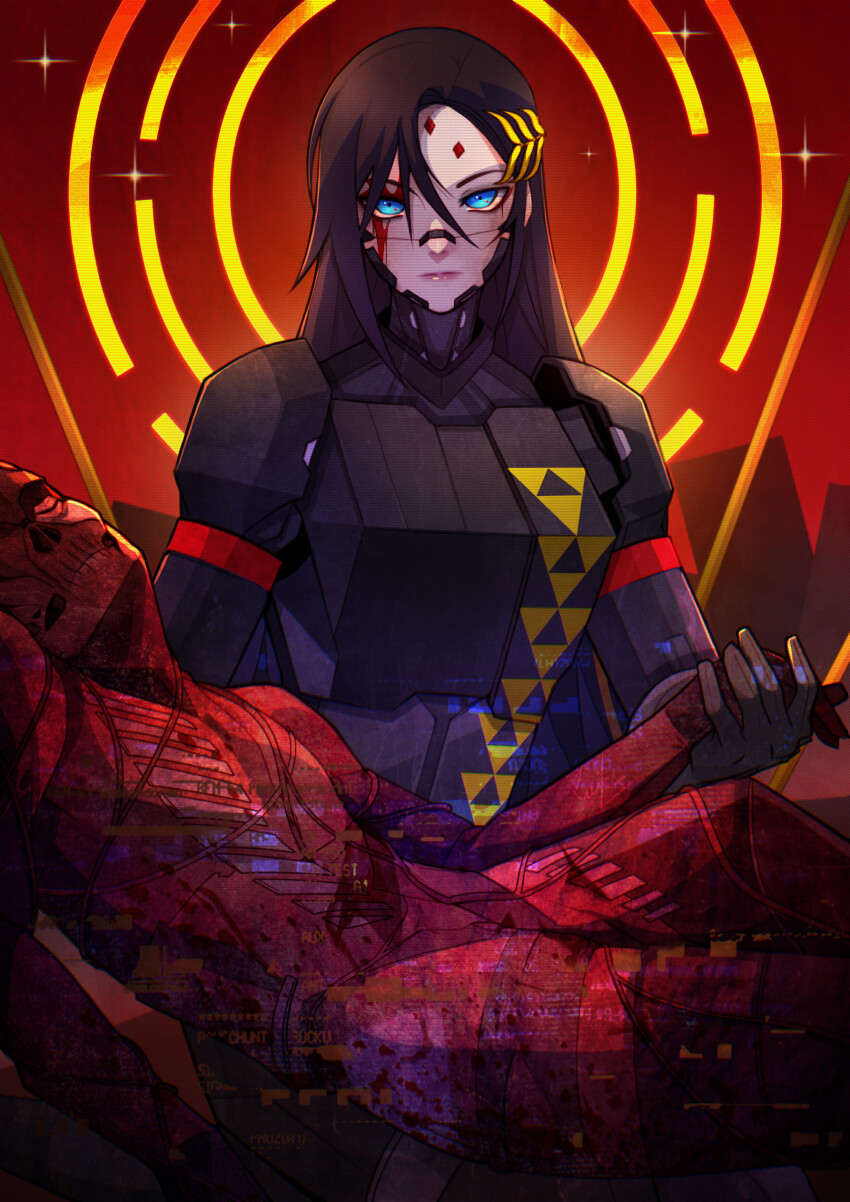 1boy 1girl absurdres adler_(signalis) android armor black_hair black_skin blood blood_on_face blue_eyes breastplate colored_skin corpse exposed_bone expressionless facial_mark facing_viewer falke_(signalis) forehead_mark glitch halo highres laurel_crown long_hair metal_skin reverse_princess_carry signalis solo_focus xuuikie_ashe