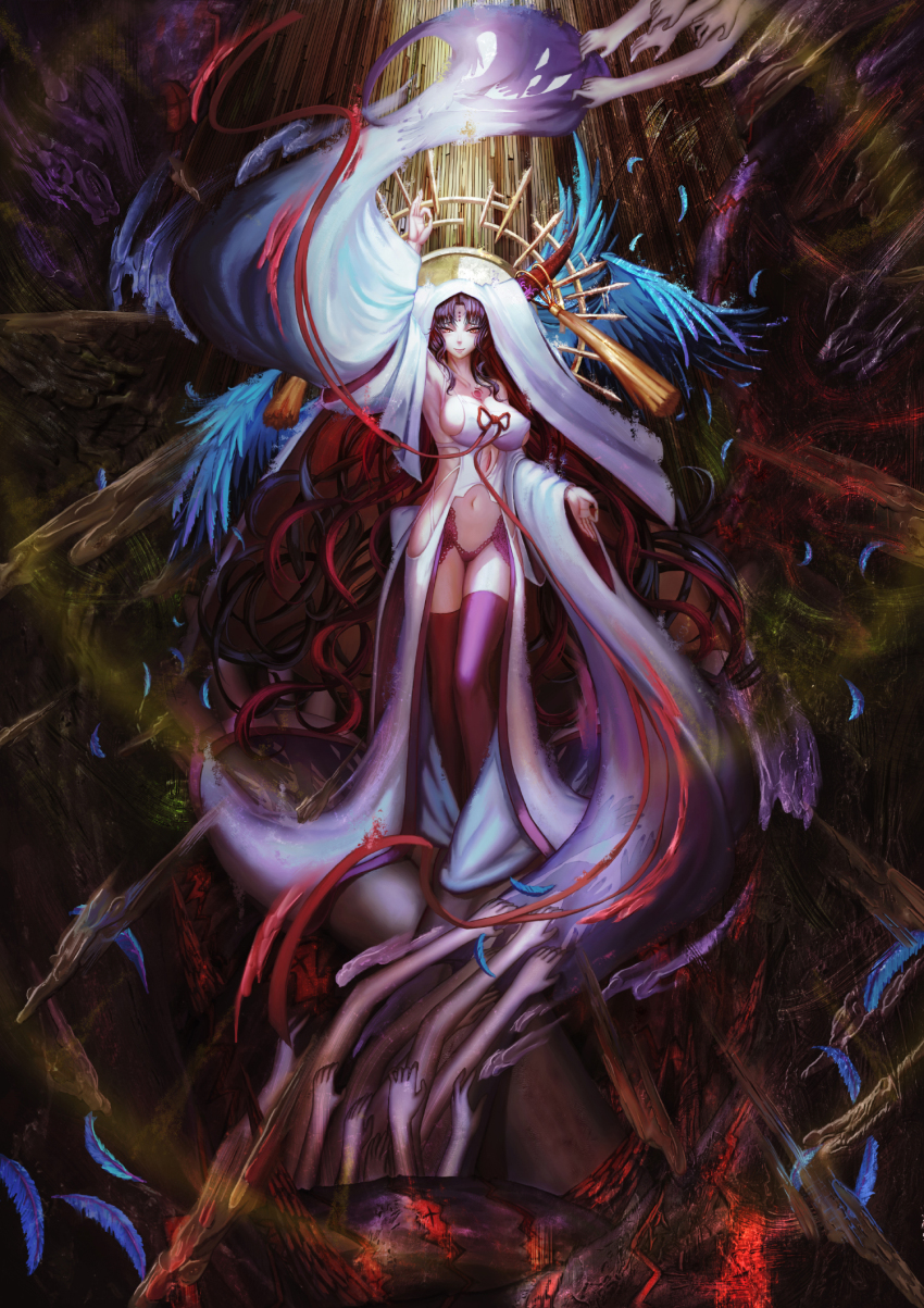 1girl arm_up bare_shoulders black_hair bow breasts cleavage closed_mouth detached_sleeves edenfox facial_mark female_focus forehead_mark highres horns large_breasts long_hair looking_at_viewer navel pixiv_fate/grand_order_contest_2 purple_legwear revealing_clothes sessyoin_kiara sideboob smile solo tattoo veil wavy_hair yellow_eyes