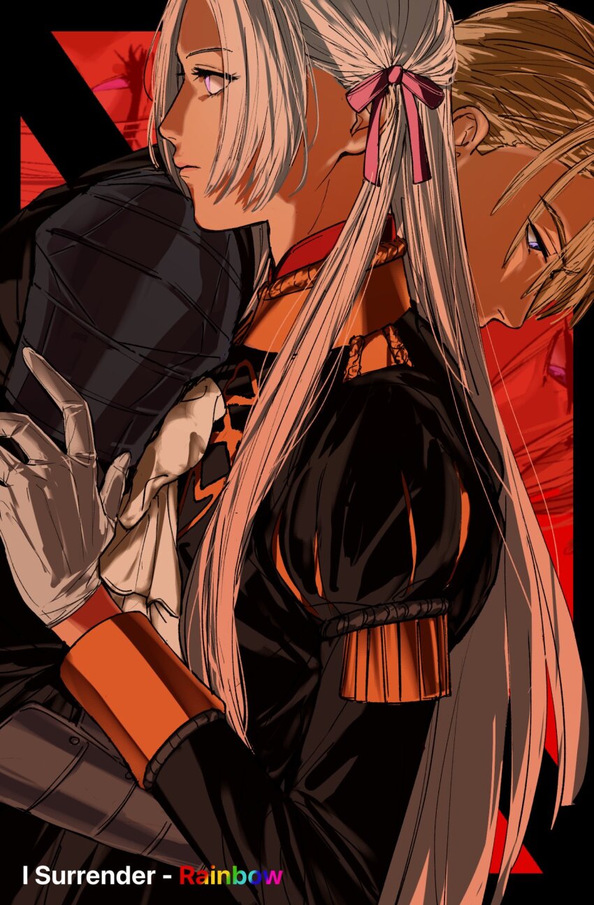 1boy 1girl amikoiiko armor ascot black_background black_hair blonde_hair blue_eyes closed_mouth collar collared_shirt dimitri_alexandre_blaiddyd edelgard_von_hresvelg english_text fire_emblem fire_emblem:_three_houses fringe_trim garreg_mach_monastery_uniform gauntlets gloves group_name hair_ribbon hand_on_another&#039;s_arm hand_on_another&#039;s_waist highres hug long_hair long_sleeves looking_down nintendo pink_lips profile puff_and_slash_sleeves puffy_sleeves purple_eyes purple_ribbon rainbow_(band) rainbow_text red_background red_collar ribbon shirt short_hair shoulder_armor shoulder_boards song_name upper_body white_ascot white_gloves white_hair yellow_collar yellow_sleeve_cuffs zig-zag_pattern zoom_layer