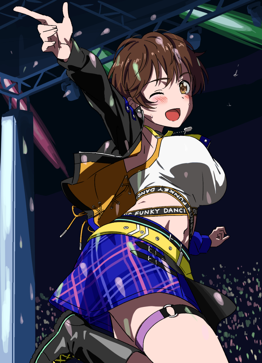 1girl ;d belt black_boots black_jacket blue_jacket blue_skirt blush boots breasts brown_eyes brown_hair concert crop_top dog_tags dr._gero_(staedtler_0508) finger_gun highres idolmaster idolmaster_cinderella_girls jacket large_breasts looking_at_viewer midriff miniskirt navel oikawa_shizuku one_eye_closed open_mouth plaid_clothes plaid_skirt shirt short_hair skirt smile solo thigh_strap truss white_shirt yellow_belt