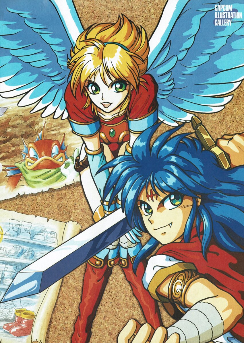 1girl 2boys armor artist_request bandaged_arm bandages blonde_hair blue_hair breastplate breasts breath_of_fire breath_of_fire_i closed_eyes closed_mouth copyright_name detached_sleeves fang fang_out feathered_wings fish_boy forehead green_eyes green_scarf highres holding holding_sword holding_weapon leaning_forward leotard long_hair manillo medium_hair multiple_boys nina_(breath_of_fire_i) official_art open_mouth parchment photo_(object) red_footwear red_leotard ryu_(breath_of_fire_i) scarf sidelocks sleeved_leotard small_breasts smile sword teeth third-party_source tunic upper_teeth_only weapon white_tunic white_wings wings