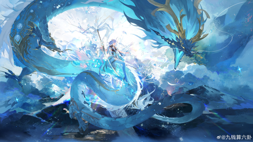 1girl absurdres animal_focus aqua_theme armlet asymmetrical_sleeves backlighting bird blue_hair blue_ribbon bubble dove dragon eastern_dragon floating floating_object floating_weapon hair_ribbon high_heels highres horns jewelry jinhsi_(wuthering_waves) light_particles long_hair object_floating_above_hand pantyhose refraction ribbon shachang sitting_on_animal smoke star_(symbol) sword twintails very_long_hair watermark weapon weibo_watermark white_hair wide_shot wuthering_waves
