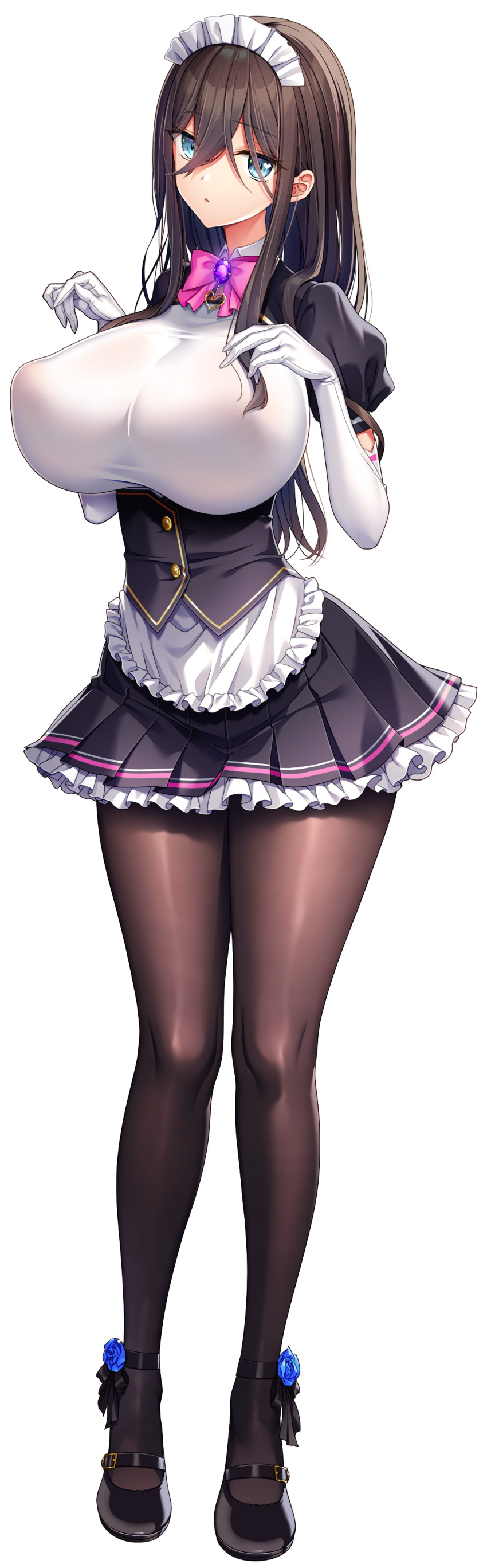 1girl absurdres akagi_rio anastasia_mysterante apron black_pantyhose blue_eyes bow bowtie breasts brown_hair closed_mouth covered_erect_nipples elbow_gloves frilled_apron frills gem gloves hair_between_eyes highres huge_breasts long_hair looking_at_viewer low_ponytail maid maid_apron maid_headdress motto!_haramase!_honoo_no_oppai_isekai_oppai_maid_gakuen! official_art pantyhose pink_bow pink_bowtie ponytail puffy_nipples purple_gemstone transparent_background waist_apron white_apron