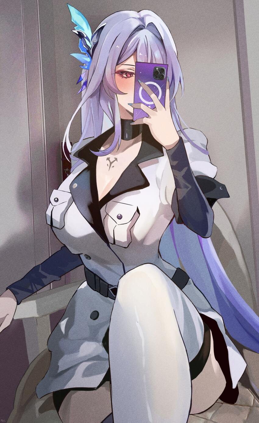 1girl absurdres blush book breasts cellphone chest_markings cosplay esdeath esdeath_(cosplay) genshin_impact hair_intakes hair_ornament highres holding holding_book jacket large_breasts long_hair long_sleeves military_jacket mirror_selfie phone pink_eyes selfie skirk_(genshin_impact) smartphone solo white_hair white_jacket yato_(yama0x1)