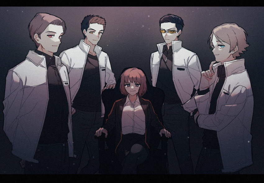 1girl 2_0_hatsu 4boys armchair arms_behind_back black_hair black_pantyhose black_shirt black_skirt blue_eyes bob_cut brown_hair chair closed_mouth collared_shirt crossed_legs dress_shirt finger_to_own_chin frown fujimaru_nono glasses goggles grey_hair grey_pants hand_in_pocket hand_on_own_arm hand_up highres jacket kanda_tadaomi kurauchi_kazuki letterboxed light_particles looking_at_viewer miniskirt multicolored_hair multiple_boys one_eye_covered opaque_glasses ouji_kazuaki pants pantyhose pencil_skirt red_eyes shirt sitting skirt skirt_set smile smirk standing t-shirt two-tone_hair white_jacket white_shirt world_trigger yellow_eyes yuba_takuma zipper_pull_tab