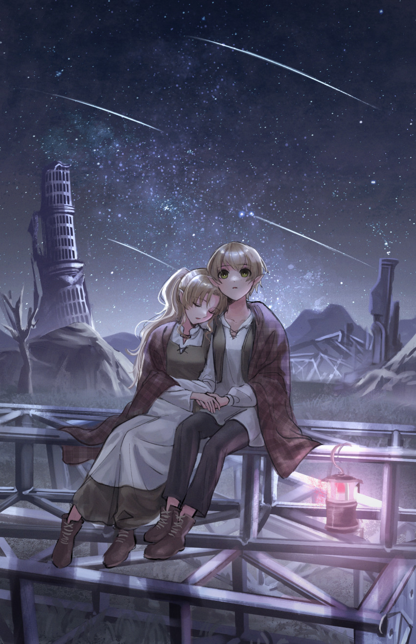 2girls absurdres blonde_hair closed_eyes commission green_eyes head_on_another&#039;s_shoulder highres lantern long_hair moduku multiple_girls night night_sky original outdoors pants pointy_ears scenery short_hair skeb_commission sky star_(sky) starry_sky