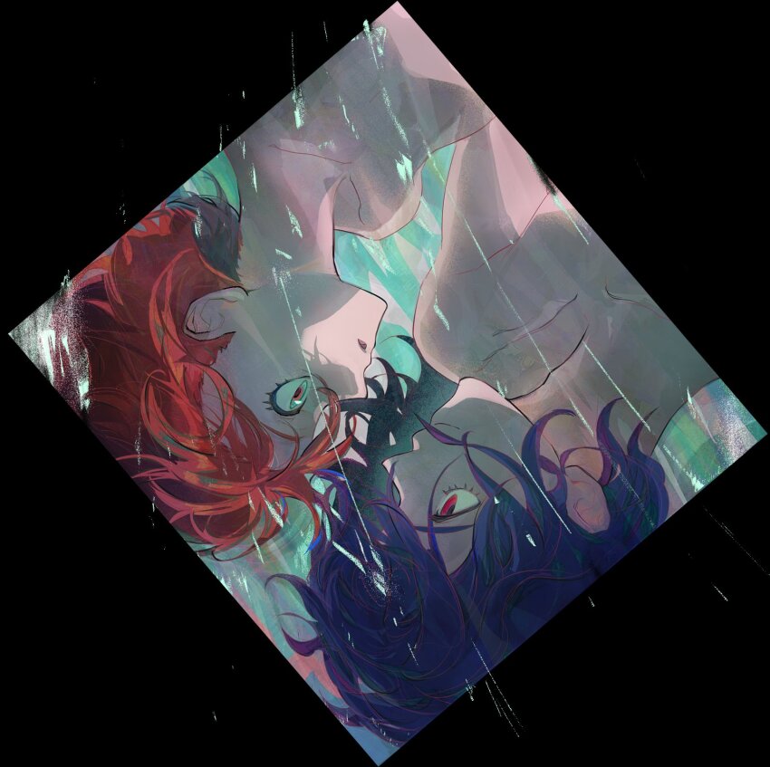 1boy 1girl amate_yuzuriha aqua_eyes black_border blue_hair border face-to-face green_background gundam gundam_gquuuuuux highres looking_at_another lower_eyelashes_only mavdesus multicolored_hair nude open_mouth purple_hair red_eyes red_hair short_hair shuji_ito smile two-tone_hair underwater upside-down