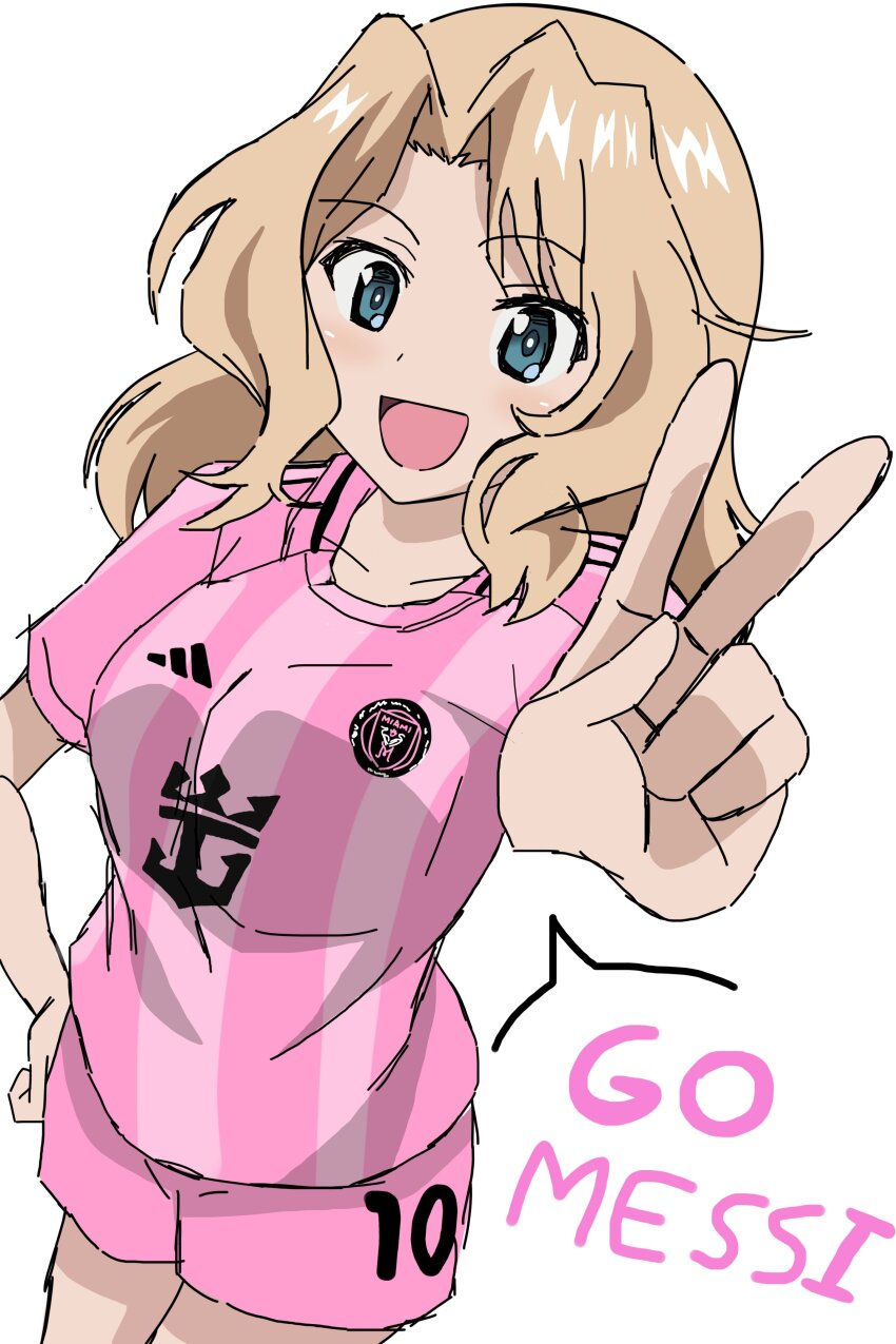 1girl :d absurdres blonde_hair blue_eyes breasts girls_und_panzer highres inter_miami_cf jersey kay_(girls_und_panzer) large_breasts lionel_messi long_hair open_mouth riokasen shorts simple_background sketch smile soccer_uniform sportswear v white_background
