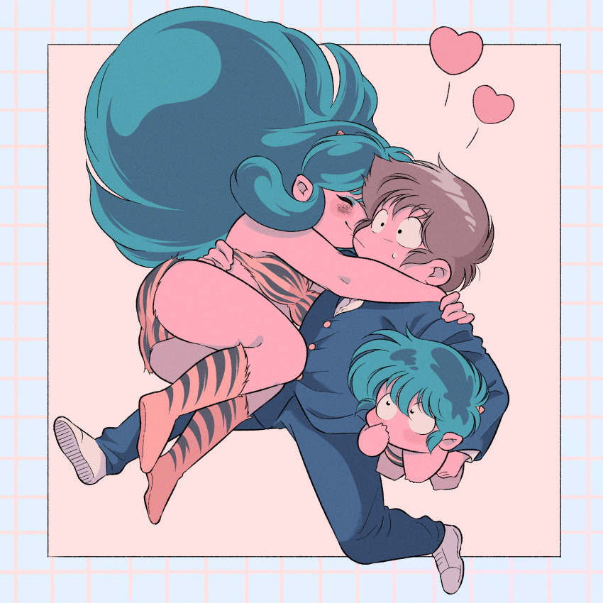 1girl 2boys absurdres animal_print arms_around_neck barefoot bikini blue_eyeshadow blue_gakuran blush boots brown_hair carrying carrying_under_arm chankiiko closed_eyes collared_shirt covering_own_mouth eyeshadow green_hair hand_on_another&#039;s_back hand_over_own_mouth heart hetero highres horns knee_boots long_hair lum makeup moroboshi_ataru multiple_boys nuzzle oni pointy_ears print_bikini print_boots running school_uniform shirt short_hair sidelocks sweatdrop swimsuit ten_(urusei_yatsura) tiger_print urusei_yatsura white_footwear white_shirt