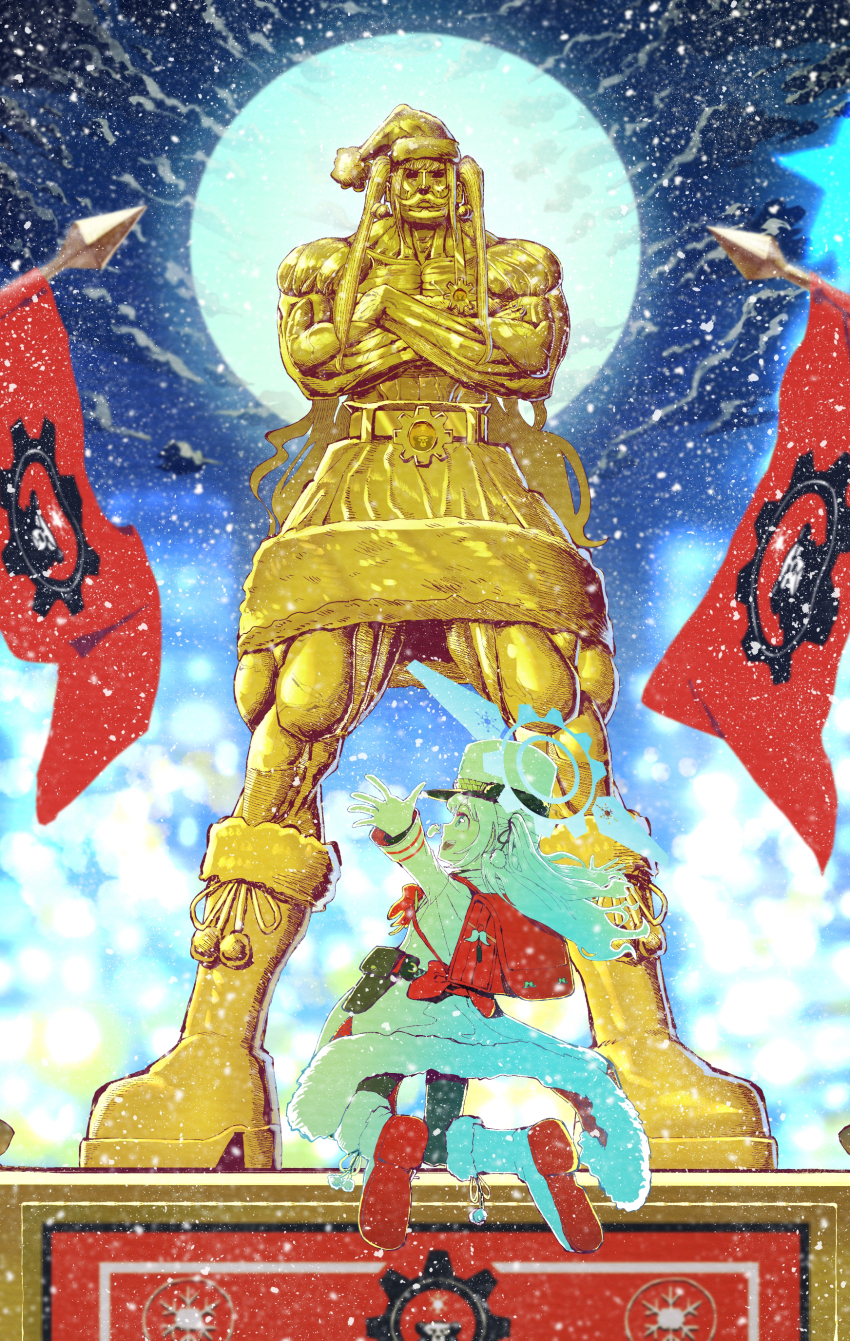 02milos02 1girl absurdres backpack bag blue_archive blue_eyes blue_halo boots cherino_(blue_archive) christmas coat commentary crossed_arms facial_hair full_body fur-trimmed_boots fur-trimmed_coat fur_trim gloves halo happy hat highres jumping long_hair looking_at_object mixed-language_commentary muscular mustache night open_mouth outdoors pom_pom_(clothes) red_bag red_flag red_winter_federal_academy_logo santa_costume santa_hat smile snowing statue two_side_up white_boots white_coat white_gloves wide_shot winter