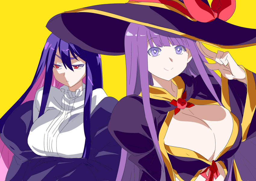 2girls annoyed averting_eyes breasts cleavage closed_mouth colored_inner_hair cosplay costume_switch crossed_arms eyebrows_hidden_by_hair fern_(sousou_no_frieren) fern_(sousou_no_frieren)_(cosplay) hair_between_eyes hat hat_ribbon idola_avorn idola_avorn_(cosplay) jacket large_breasts large_hat looking_at_viewer multicolored_hair multiple_girls pink_hair purple_eyes purple_hair purple_jacket purple_robe red_eyes red_ribbon ribbon robe sentai_red_ga_isekai_de_boukensha_ni_naru shadow shirt simple_background smile sousou_no_frieren trait_connection upper_body white_shirt witch_hat yellow_background yostxxx