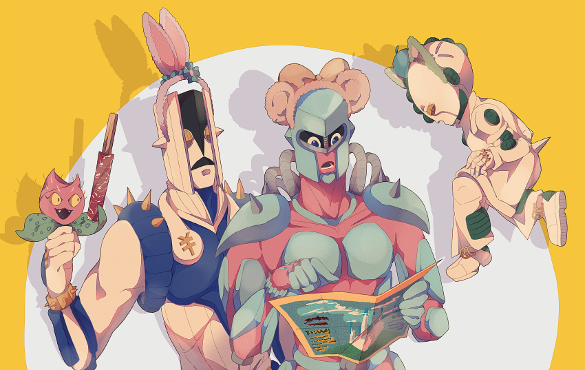 3boys absurdres animal_ears bear_ears bow cat_ears crazy_diamond diamond_wa_kudakenai echoes_(stand) echoes_act3 fake_animal_ears hair_bow highres jojo_no_kimyou_na_bouken male_focus map multiple_boys plant rabbit_ears siniy stand_(jojo) stray_cat_(jojo) the_hand_(stand)