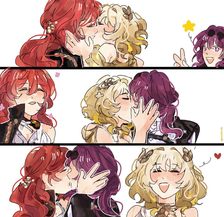 3girls aglaea_(honkai:_star_rail) black_jacket blonde_hair closed_eyes commentary dress elite_throuple_kiss_(meme) english_commentary eyewear_on_head glasses heart highres himeko_(honkai:_star_rail) honkai:_star_rail honkai_(series) hyastelle jacket kafka_(honkai:_star_rail) kiss laughing long_hair meme multiple_girls open_mouth polyamory ponytail purple_eyes purple_hair red_hair simple_background smile star_(symbol) v white_background white_dress yuri