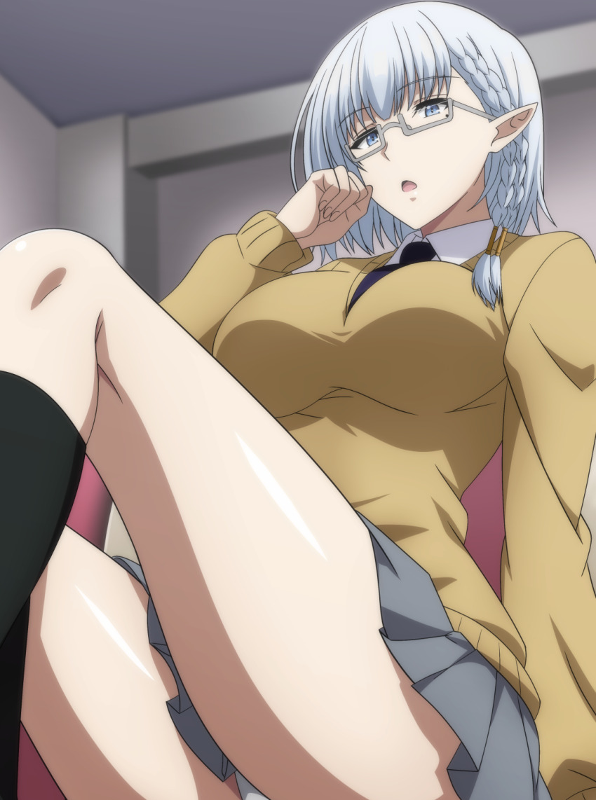 1girl beta_(kage_no_jitsuryokusha_ni_naritakute!) black_necktie black_socks blue_eyes braid breasts collared_shirt grey_hair grey_skirt hair_tubes highres kage_no_jitsuryokusha_ni_naritakute! long_sleeves makiri_akira mole mole_under_eye necktie open_mouth panties pleated_skirt pointy_ears semi-rimless_eyewear shadow shirt skirt socks solo sweater underwear white_panties white_shirt yellow_sweater