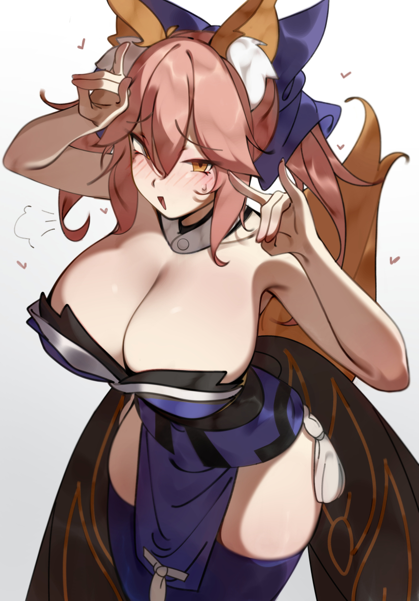 1girl absurdres animal_ear_fluff animal_ears bare_shoulders blue_bow blue_kimono blue_thighhighs blush bow breasts cleavage deko_morii detached_collar fate/extra fate_(series) fox_ears fox_girl fox_tail hair_between_eyes hair_bow highres japanese_clothes kimono large_breasts long_hair looking_at_viewer obi open_mouth pink_hair sash sidelocks smile solo tail tamamo_(fate) tamamo_no_mae_(fate/extra) thighhighs thighs twintails yellow_eyes