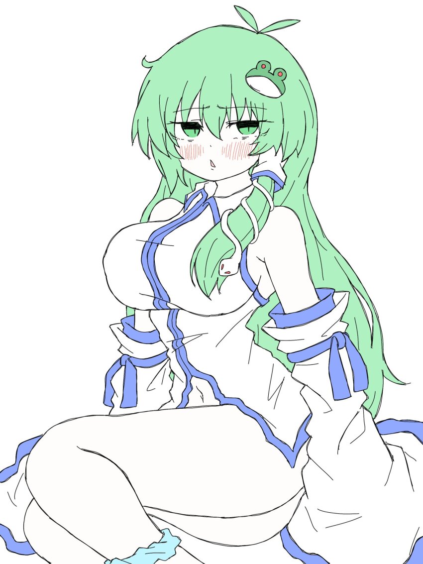 1girl armpit_crease bare_shoulders blush bottomless breasts detached_sleeves frog_hair_ornament fumomono green_eyes green_hair hair_ornament hair_tubes highres kochiya_sanae large_breasts long_hair looking_at_viewer navel simple_background sketch sleeves_past_fingers sleeves_past_wrists snake snake_hair_ornament solo taut_clothes touhou triangle_mouth white_background
