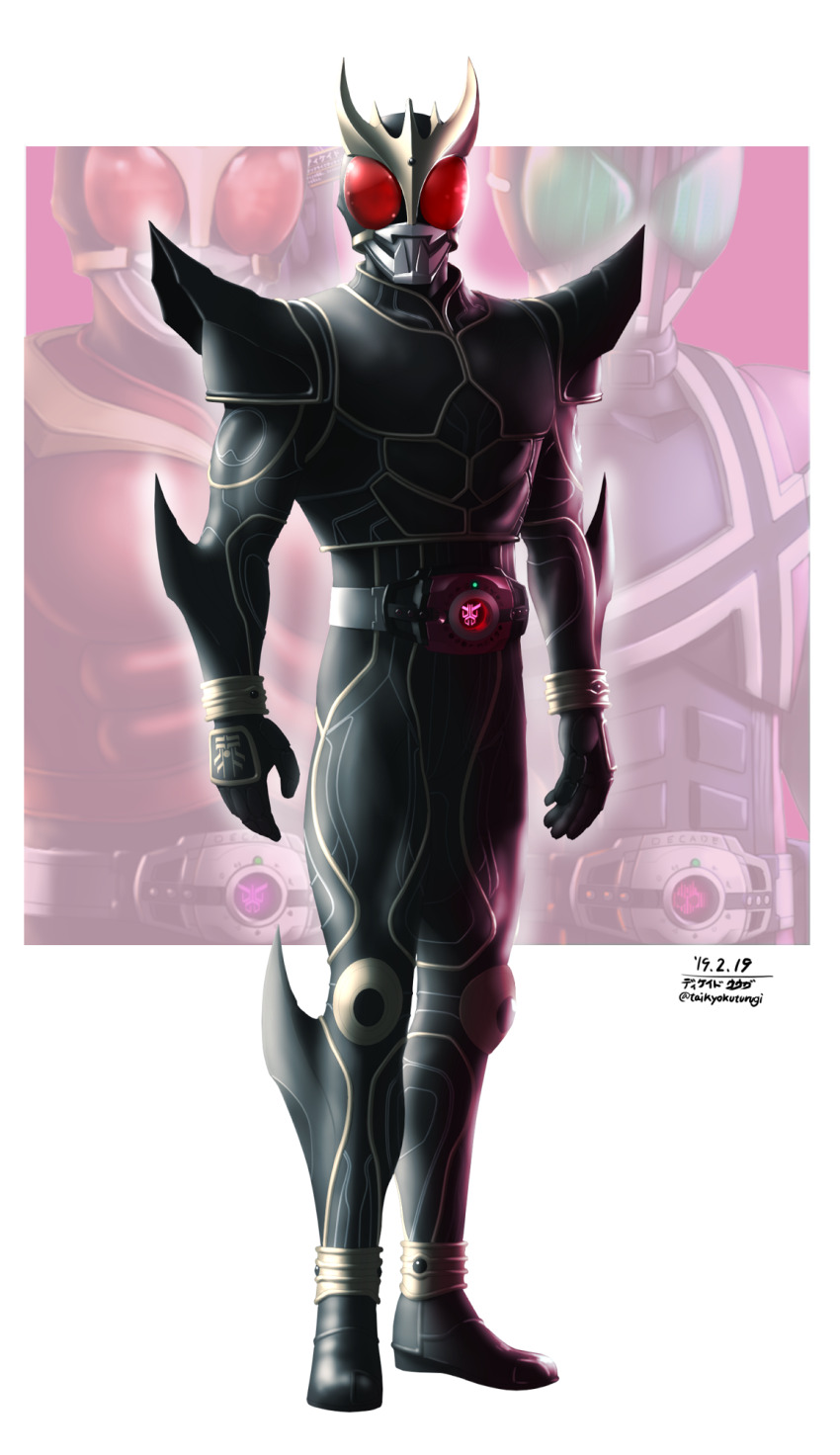 1boy arcle_(kuuga) armor belt black_armor bodysuit breastplate compound_eyes decadriver gold_horns helmet highres horns kamen_rider kamen_rider_dcd kamen_rider_decade kamen_rider_kuuga kamen_rider_kuuga_(series) kamen_rider_kuuga_(ultimate_form) looking_at_viewer pauldrons rider_belt shoulder_armor solo spikes standing taikyoku_tsurugi