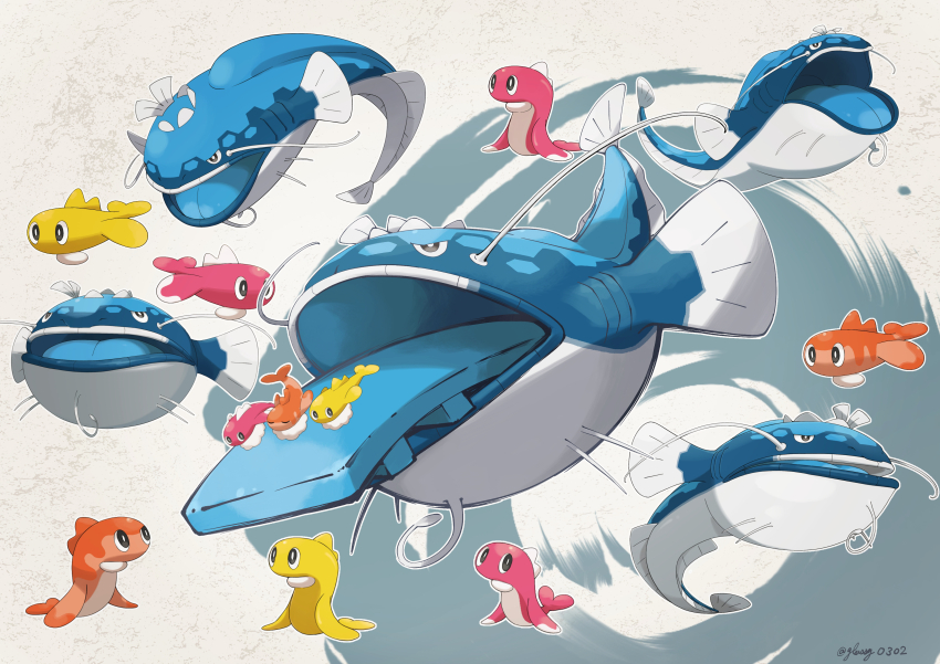 absurdres animal_focus bright_pupils commentary_request dondozo fish glassy0302 grey_eyes highres nintendo no_humans open_mouth outline pokemon pokemon_(creature) tatsugiri tatsugiri_(curly) tatsugiri_(droopy) tatsugiri_(stretchy) tongue tongue_out watermark white_pupils