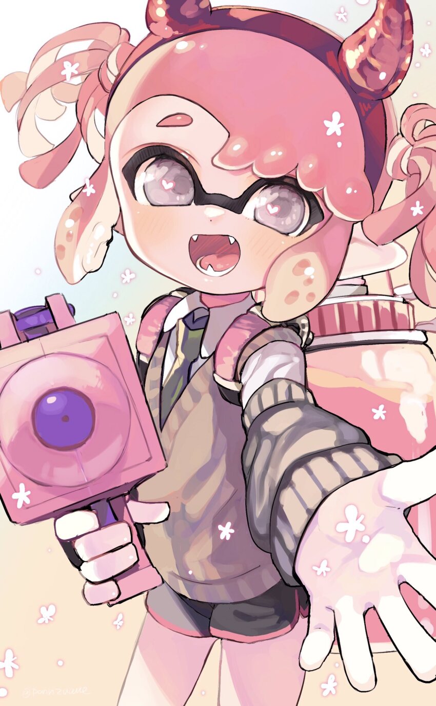 1girl :d amezawa_koma black_arm_warmers black_shorts collared_shirt commentary_request cowboy_shot dolphin_shorts dot_nose fake_horns fangs green_necktie grey_eyes hairband heart heart_in_eye highres holding holding_weapon horn_hairband horns ink_tank_(splatoon) inkling inkling_girl inkling_player_character long_sleeves looking_at_viewer necktie nintendo open_hand open_mouth outstretched_arm pink_hair pointy_ears reaching reaching_towards_viewer red_hairband red_horns shirt short_hair short_twintails shorts sidelocks smile solo splatoon_(series) splattershot_jr._(splatoon) sweater_vest swept_bangs symbol_in_eye tentacle_hair twintails weapon white_shirt yellow_sweater_vest