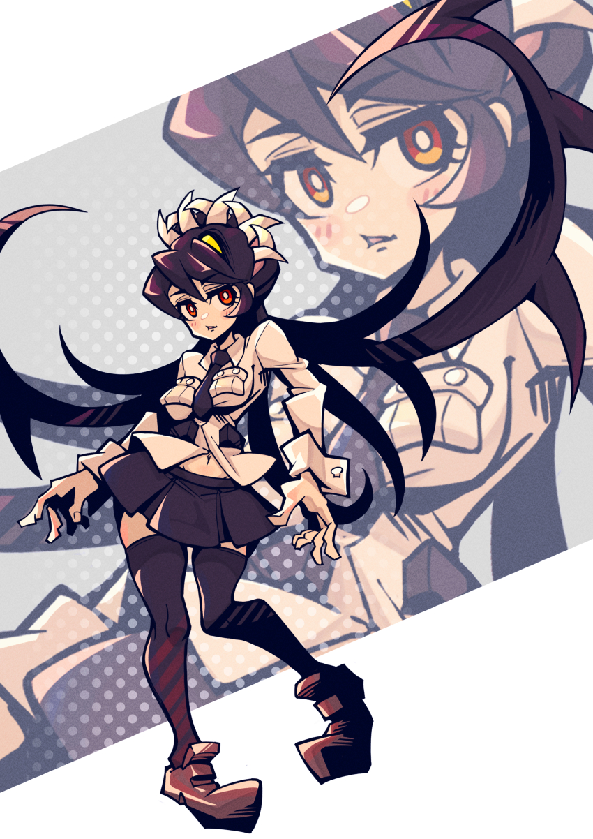 1girl absurdres black_hair blue_hair blush bright_pupils dotted_background filia_(skullgirls) full_body half-closed_eyes highres long_hair looking_to_the_side navel necktie onozawa_(buresu21) pleated_skirt red_eyes samson_(skullgirls) school_uniform skirt skullgirls solo thighhighs white_pupils