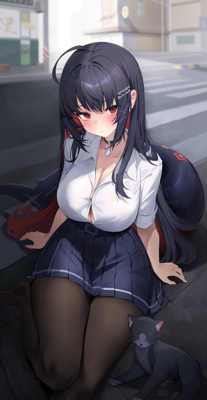 1girl absurdres ahr_tato black_choker cat choker colored_inner_hair ellen_joe ellen_joe_(on_campus) fins fish_tail highres multicolored_hair official_alternate_costume pantyhose red_hair scar scar_on_tail shark_girl shark_tail shirt solo tail white_shirt zenless_zone_zero
