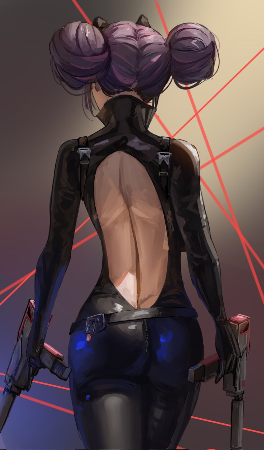 1girl ass backless_bodysuit backless_outfit black_bodysuit bodysuit breasts collared_bodysuit commentary double_bun english_commentary gloves goddess_of_victory:_nikke gun hair_bun highres holding holding_gun holding_weapon laser latex latex_bodysuit latex_gloves mac-10/11 multicolored_hair open_bodysuit open_clothes quency_(escape_queen)_(nikke) quency_(nikke) s3t submachine_gun suppressor weapon