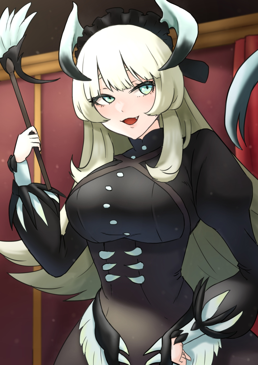 1girl absurdres black_dress blue_eyes breasts chamber_dragonmaid dragon_girl dragon_horns dragon_wings dress duel_monster duster hand_on_own_hip highres holding holding_duster horns ke-su large_breasts long_hair long_sleeves maid_headdress open_mouth puffy_sleeves smile solo white_hair wings yu-gi-oh!