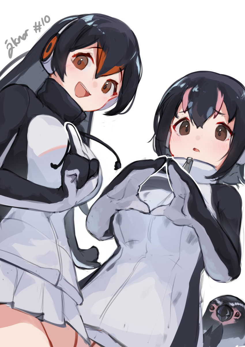 2girls absurdres bird black_hair black_hoodie blush brown_eyes from_below gentoo_penguin_(kemono_friends) grape-kun headphones high_collar highres hood hoodie humboldt_penguin_(kemono_friends) jknor kemono_friends long_hair long_sleeves looking_at_viewer mittens multicolored_hair multiple_girls orange_eyes orange_hair penguin penguin_girl pink_hair pleated_skirt short_hair skirt streaked_hair two-tone_hoodie white_hoodie white_skirt
