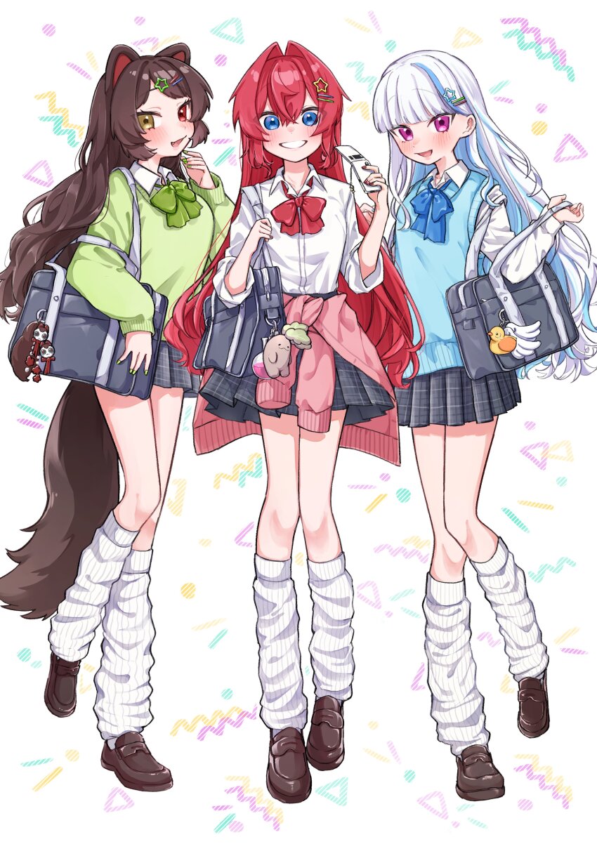 3girls 3znk :d absurdres alternate_costume ange_katrina animal_ears bag banken_(inui_toko) blue_bow blue_bowtie blue_eyes blue_hair blue_nails blue_sweater_vest blunt_bangs blush bow bowtie breasts brown_hair brown_shoes brown_tail cellphone charm_(object) clothes_around_waist collared_shirt color-coded colored_inner_hair commentary_request crossed_bangs dog_ears dog_girl dog_tail fang flask flip_phone full_body green_bow green_bowtie green_nails green_sweater grey_bag grey_skirt grin gyaru hair_between_eyes hair_intakes hair_ornament hairpin hand_to_own_mouth heterochromia highres holding holding_phone inui_toko kneehighs kogal lips lize_helesta loafers long_hair long_sleeves looking_at_viewer loose_socks mandragora_(ange_katrina) matching_outfits medium_breasts miniskirt multicolored_hair multiple_girls multiple_hairpins nail_polish nijisanji open_mouth phone pink_sweater plaid_clothes plaid_skirt pleated_skirt purple_eyes raised_eyebrows red_bow red_bowtie red_eyes red_hair red_nails round-bottom_flask sanbaka_(nijisanji) sebastian_piyodore shirt shoes shoulder_bag side-by-side skirt small_breasts smile socks standing standing_on_one_leg star_(symbol) star_hair_ornament streaked_hair sweater sweater_around_waist sweater_vest tail two-tone_hair very_long_hair virtual_youtuber white_background white_hair white_shirt white_socks yellow_eyes