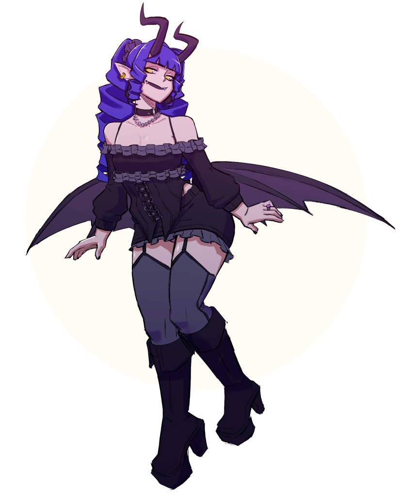 1girl black_boots black_collar black_lips black_nails black_shirt black_skirt black_thighhighs blue_hair blunt_bangs boots breasts chain chain_necklace collar collarbone commentary cosmikaizer demon_girl demon_horns demon_wings drill_hair drill_sidelocks fangs fangs_out garter_straps hair_behind_ear high_heel_boots high_heels highres horns jewelry melody_goetia_(cosmikaizer) necklace off-shoulder_shirt off_shoulder original pointy_ears ring shirt sidelocks simple_background sitting skirt small_breasts smile solo symbol-only_commentary thighhighs twin_drills white_background wings
