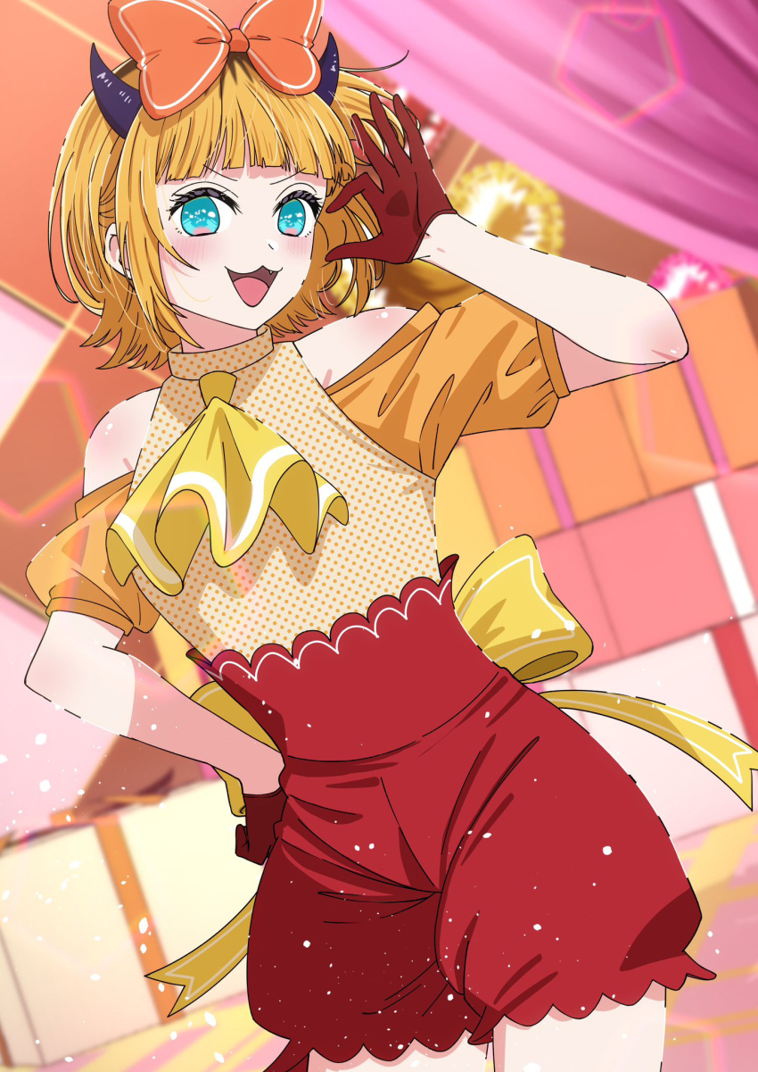 1girl :3 anju_(artist) blonde_hair blue_eyes blush bow commentary fang gloves hair_between_eyes half-heart_hands hands_on_own_hips highres idol looking_at_viewer memcho open_mouth orange_bow oshi_no_ko red_gloves short_hair solo