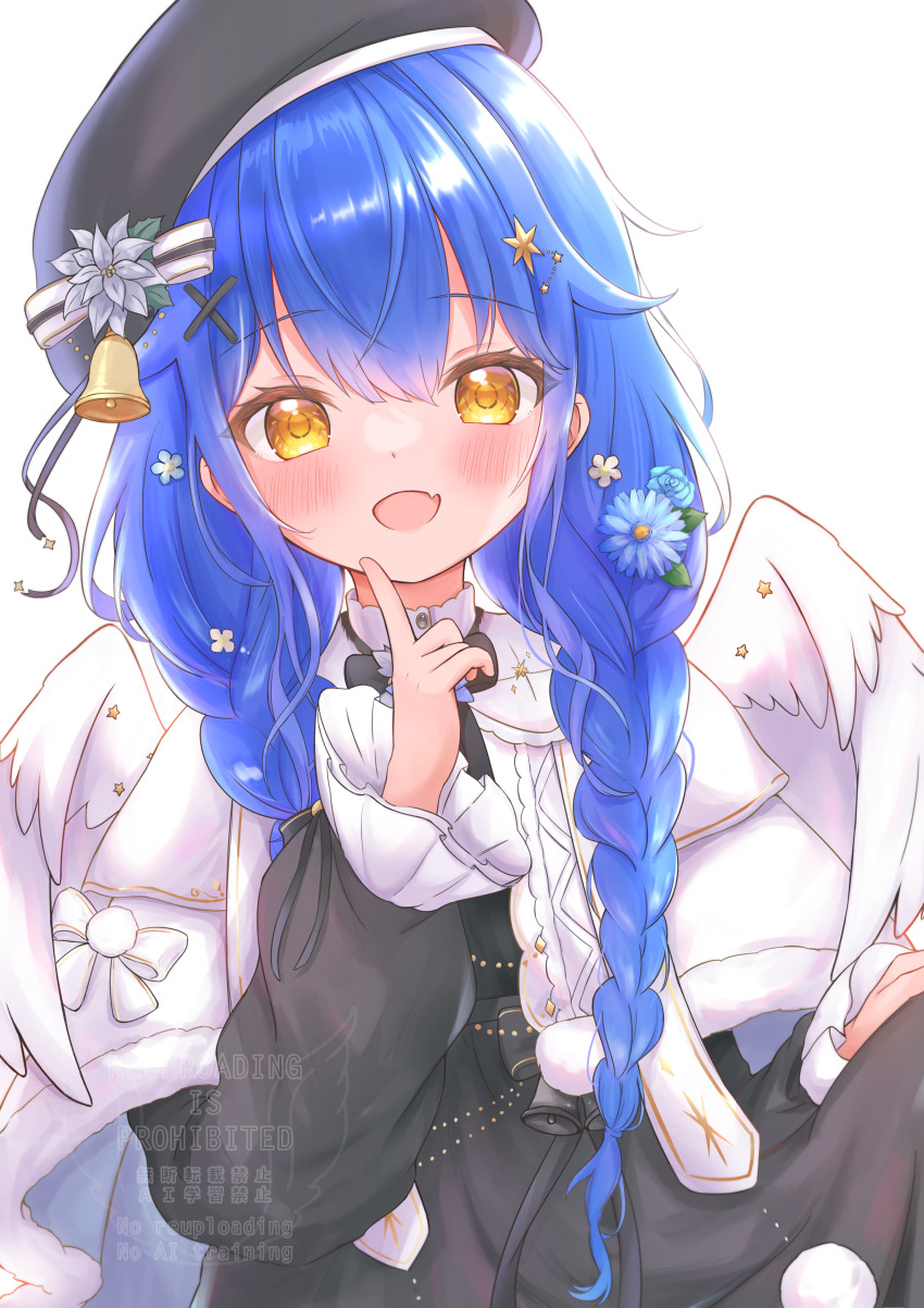 absurdres amamiya_kokoro angel_wings bell beret blue_hair blush braid commentary fang hair_bell hair_between_eyes hair_ornament happy hat highres holding looking_at_viewer matcha_november nijisanji open_mouth skin_fang virtual_youtuber wings x_hair_ornament yellow_eyes