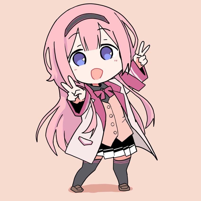1girl black_hairband black_shirt black_thighhighs blazer blue_eyes bow bowtie brown_shoes commentary_request commission deformed double_v full_body hairband highres jacket loafers long_hair looking_at_viewer namou_(namorton09) nijisanji open_mouth pink_hair red_bow red_bowtie shirt shoes skeb_commission skirt solo suo_sango suo_sango_(1st_costume) thighhighs v vest virtual_youtuber