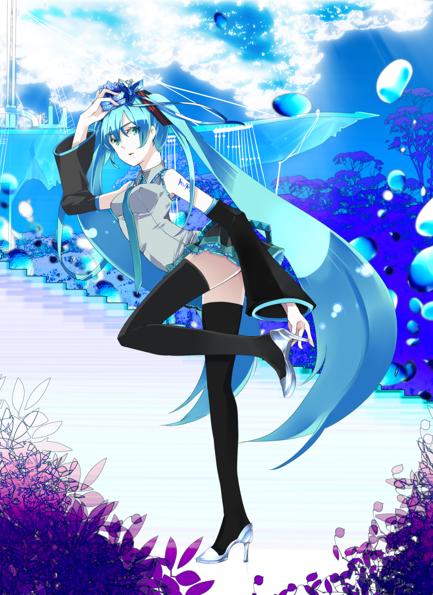 1girl aqua_eyes aqua_hair bad_id bad_pixiv_id crown detached_sleeves female_focus glass_slipper hatsune_miku headset high_heels highres kaisaki long_hair necktie saki_k shoes skirt solo standing standing_on_one_leg thighhighs twintails very_long_hair vocaloid
