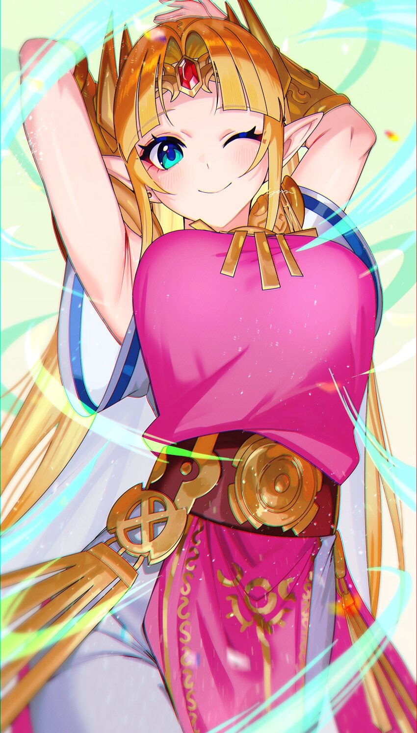1girl absurdres aqua_eyes armor blonde_hair blue_eyes blush breasts circlet dress green_eyes hair_ornament highres jewelry long_hair looking_at_viewer necklace nintendo parted_bangs pointy_ears princess_zelda short_sleeves shoulder_armor sidelocks smile solo super_smash_bros. the_legend_of_zelda the_legend_of_zelda:_a_link_between_worlds tiara yasaikakiage