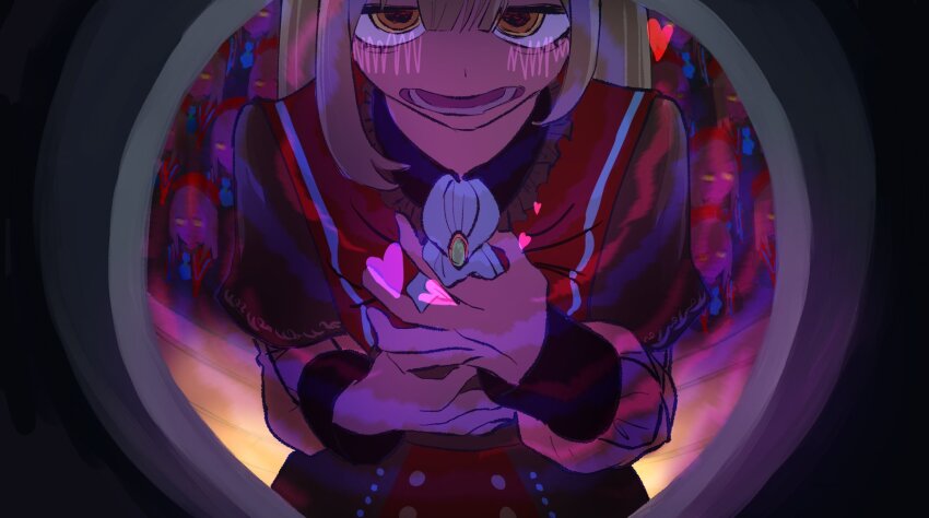 1girl ascot bang_dream! bang_dream!_it&#039;s_mygo!!!!! black_capelet capelet clutching_chest commentary_request fisheye green_hair hair_between_eyes highres long_hair long_sleeves mortis_(bang_dream!) mortis_(costume)_(bang_dream!) mortis_(persona)_(bang_dream!) open_mouth pov_peephole solo uirotori wakaba_mutsumi white_ascot yellow_eyes
