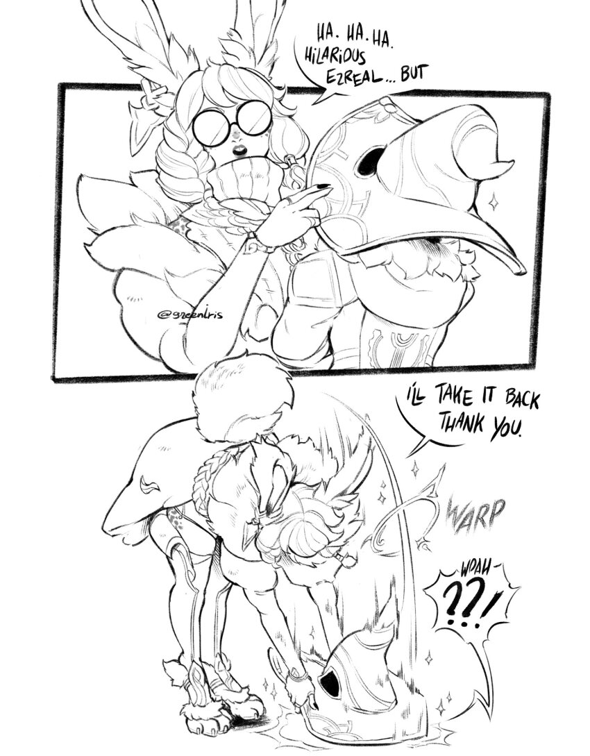 !? 1boy 1girl animal_ears animal_feet aurora_(league_of_legends) belt braid english_text ezreal green_(greeniris) greyscale hand_up highres league_of_legends monochrome nail_polish puffy_short_sleeves puffy_sleeves rabbit_ears rabbit_girl rabbit_tail short_sleeves speech_bubble tail teeth twin_braids twintails