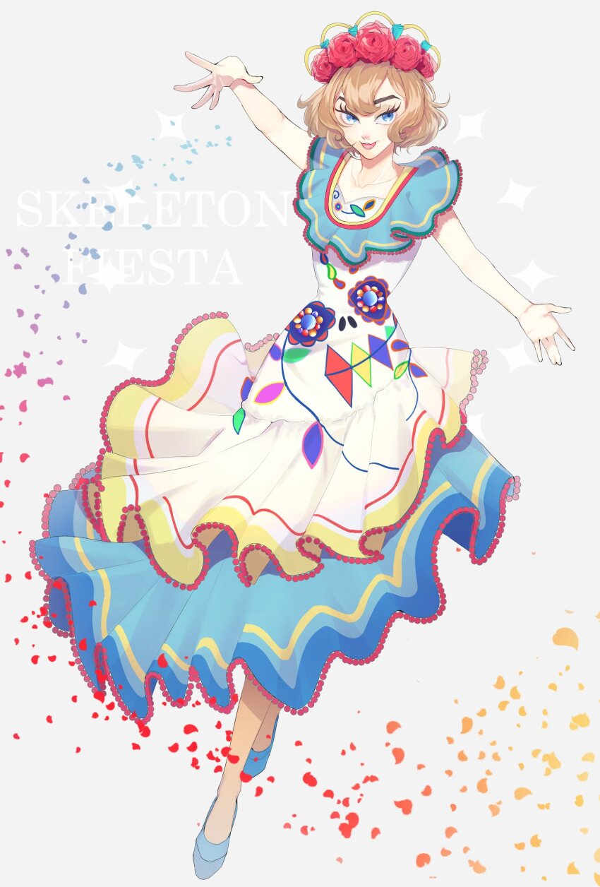 1girl absurdres animification blue_eyes brown_hair clarice_(disney) disney disneyland dress eyelashes flower hair_flower hair_ornament highres humanization looking_at_viewer mexican_clothes mexican_dress mickey_mouse_&amp;_friends open_mouth personification red_flower red_rose rl10_02 rose short_hair smile solo