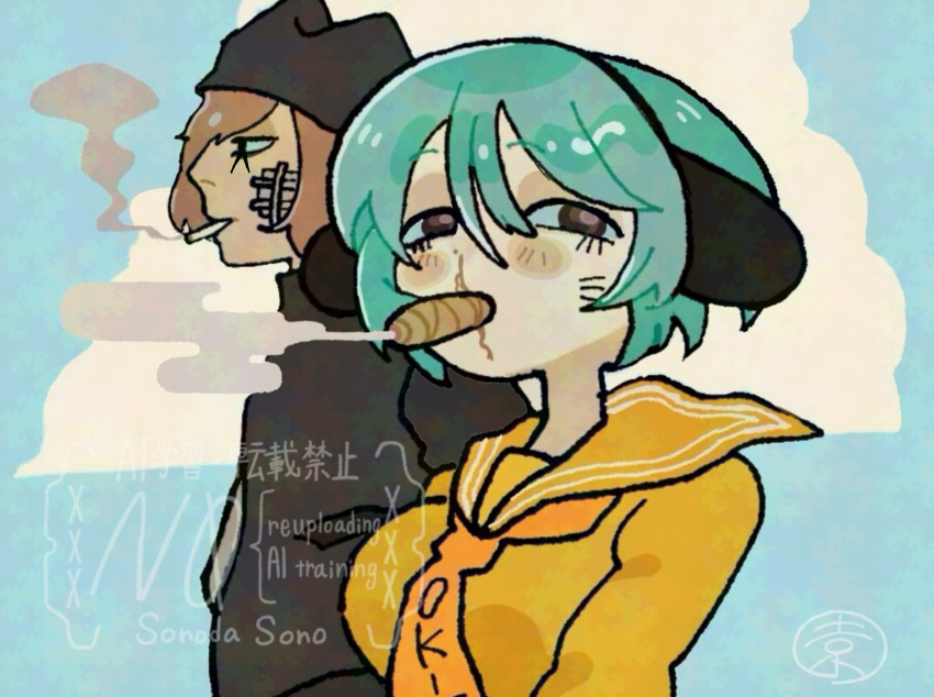 1boy 1girl animal_hat blood blue_hair brown_eyes brown_hair cat_hat cigarette commentary_request genderswap genderswap_(mtf) hat headphones headphones_around_neck highres looking_at_viewer marijuana nosebleed nyen_(randal&#039;s_friends) nyon_(randal&#039;s_friends) outdoors randal&#039;s_friends school_uniform serafuku short_hair smoking sonodainuha yellow_serafuku