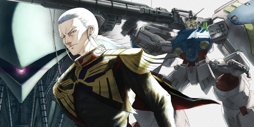 1boy absurdres anavel_gato cable capelet energy_cannon glowing glowing_eye glowing_eyes gundam gundam_0083 gundam_gp-02_physalis highres machinery male_focus mecha military military_uniform mobile_suit neue_ziel one-eyed ponytail robot science_fiction shield toboshi upper_body zeon