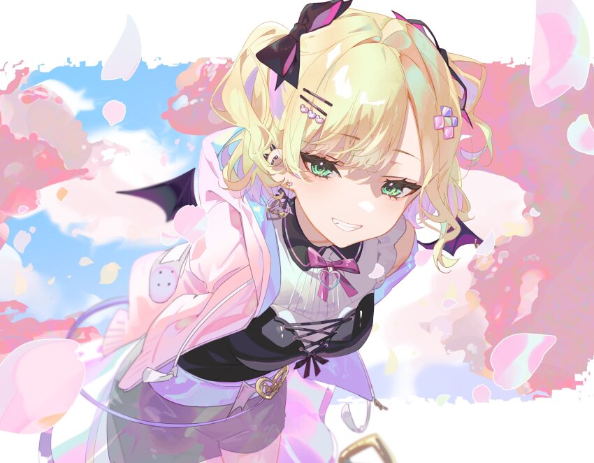 1girl absurdres amopui arms_behind_back black_bow black_romper blonde_hair bow bowtie collared_shirt demon_wings earrings frilled_shirt frills green_eyes grin hair_bow hair_ornament hairclip hashitsuki_nata hashtag-only_commentary heart heart_earrings highres hood hooded_jacket jacket jewelry kurumi_noah kurumi_noah_(3rd_costume) leaning_forward looking_at_viewer mini_wings nata_(tool) parted_bangs petals pink_bow pink_bowtie pink_jacket see-through_clothes see-through_skirt shirt short_hair skirt sleeveless sleeveless_shirt smile solo spiked_ear_piercing strapless_romper two_side_up virtual_youtuber vspo! white_shirt wings