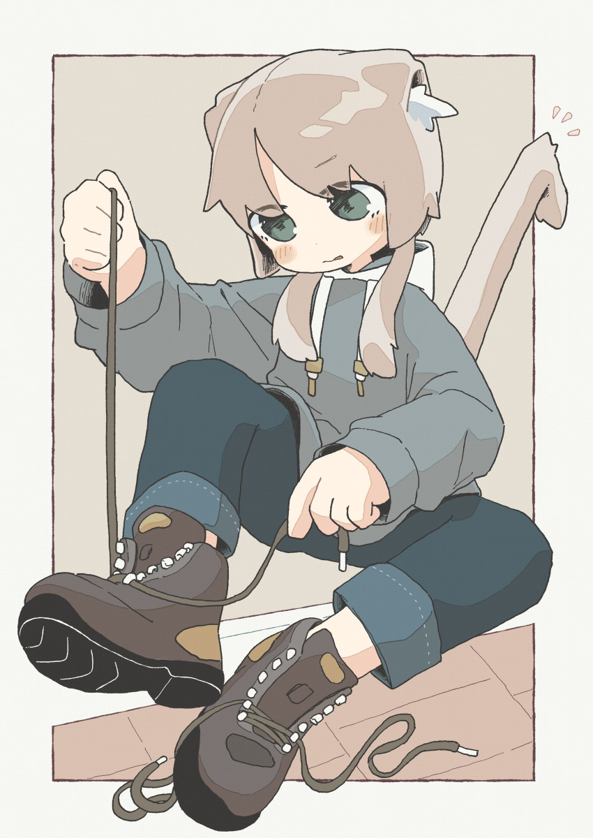 1girl absurdres animal_ear_fluff animal_ears blue_pants blush boots border brown_background brown_boots brown_hair cat_ears cat_girl cat_tail denim failure frown frustrated full_body green_eyes grey_hoodie hair_over_shoulder hand_up highres hood hood_down hoodie jeans knee_up long_hair long_sleeves low_twintails new_amool original outside_border pants parted_lips simple_background sitting solo tail tail_raised twintails tying_footwear white_border