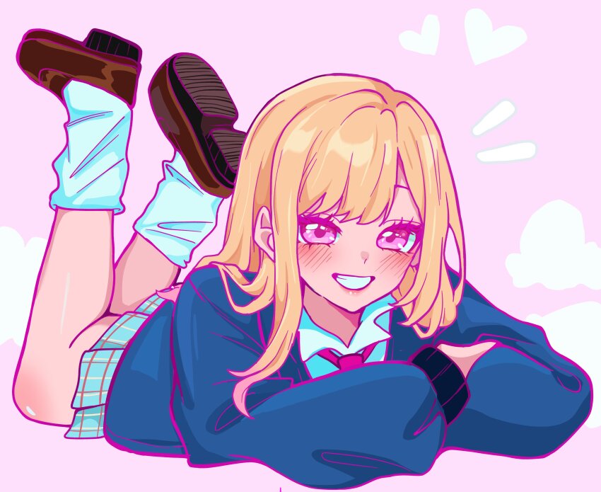 1girl absurdres aqua_skirt blonde_hair blue_sweater blush brown_shoes collared_shirt crossed_arms full_body grin highres kitagawa_marin loafers long_hair loose_socks lying miovartz necktie on_stomach pink_background pink_eyes plaid_clothes plaid_skirt red_necktie shirt shirt_under_sweater shoes skirt smile socks solo sono_bisque_doll_wa_koi_wo_suru sweater teeth white_shirt white_socks