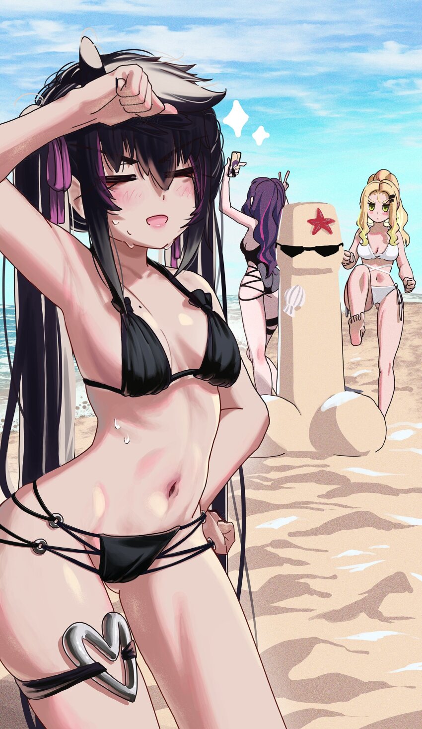 3girls absurdres bikini black_bikini blush breasts character_request cleavage closed_eyes halterneck hand_on_own_head highres holding holding_phone long_hair multicolored_hair multiple_girls navel open_mouth original phone sand sand_sculpture starfish streaked_hair swimsuit thigh_strap torriet white_bikini