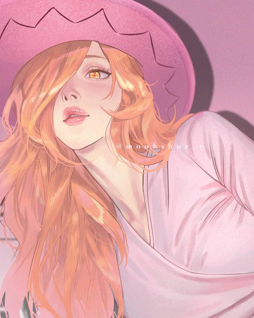 1girl breasts chainsaw_man commentary film_grain hair_over_one_eye hat highres instagram_username monhshur_r orange_eyes orange_hair parted_lips pink_hat pink_lips power_(chainsaw_man) small_breasts solo thick_lips upper_body