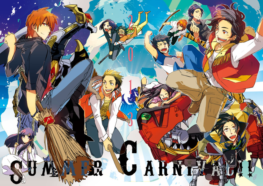 3girls 6+boys ^_^ amy_yuzuki animification bad_id bad_pixiv_id black_hair blue_eyes blue_hair bokken broom broom_riding brown_hair capelet character_request closed_eyes daimon_rinko dress english_text ian_yorkland jewelry kamen_rider kamen_rider_wizard_(series) kiryuu_daigo koyomi_(kamen_rider_wizard) long_hair mayume multicolored_hair multiple_boys multiple_girls nara_shunpei necklace nitou_kousuke one_eye_closed open_mouth purple_eyes red_eyes ring rippukan_souji short_hair smile souma_haruto super_sentai swing sword udo_nobuharu utsusemimaru weapon white_dress wink wizardragon wooden_sword zyuden_sentai_kyoryuger