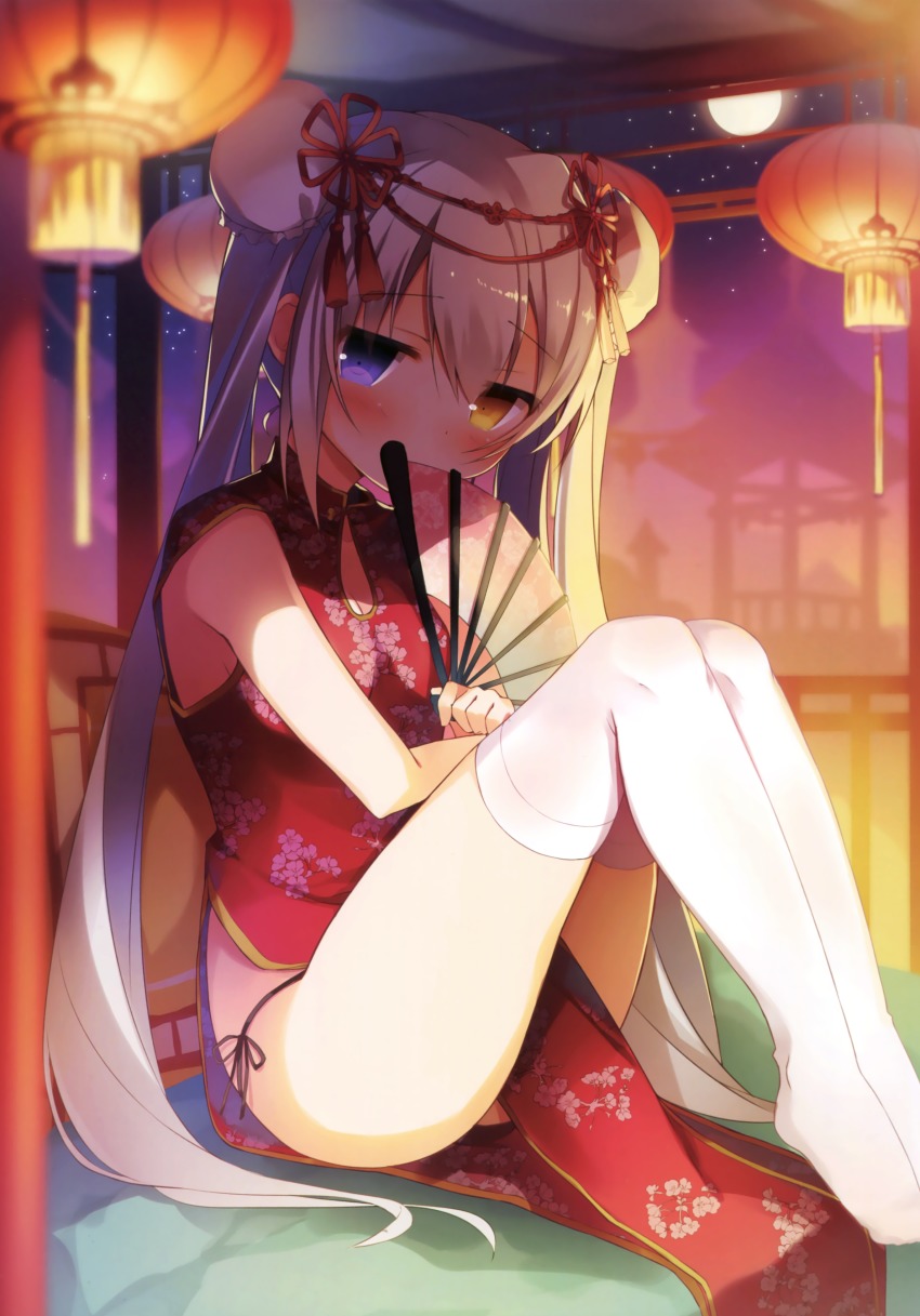 1girl absurdres amamine bare_shoulders black_panties blue_eyes breasts bun_cover china_dress chinese_clothes chinese_lantern covered_mouth dress female_focus floral_print folding_fan full_moon hand_fan heterochromia highres holding holding_fan knees_up light_purple_hair long_hair looking_at_viewer moon night original panties pelvic_curtain purple_eyes red_dress scan side-tie_panties side_slit sitting sky sleeveless sleeveless_dress small_breasts solo star_(sky) starry_sky string_panties thighhighs twintails underwear very_long_hair white_thighhighs yellow_eyes