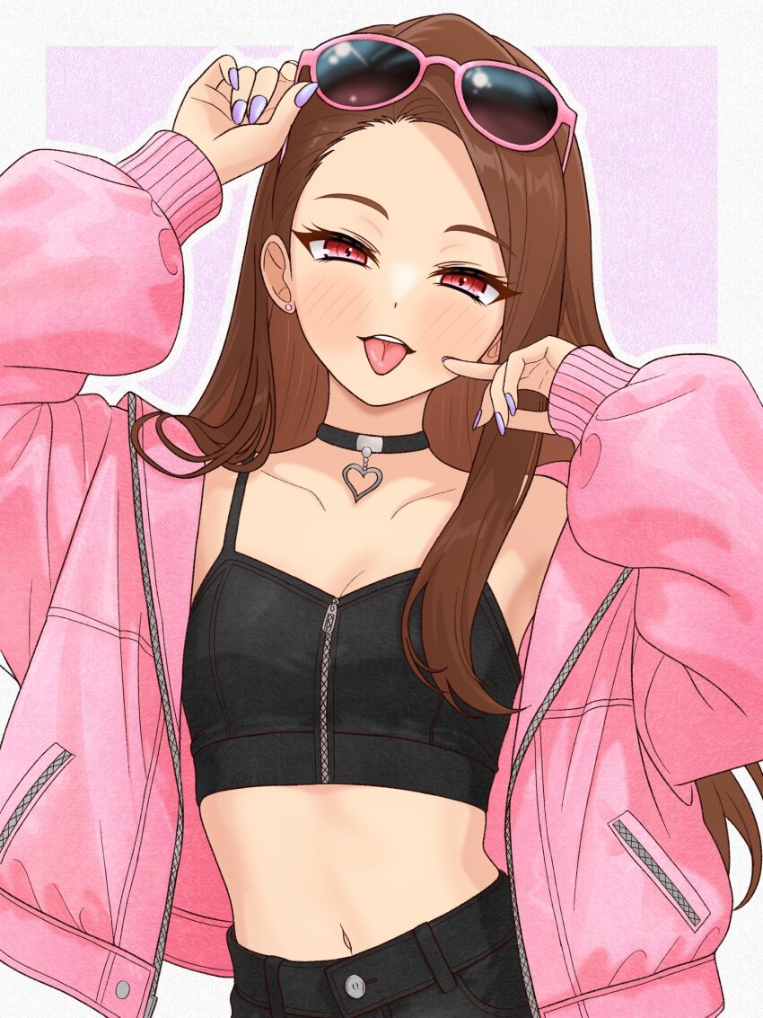 1girl 82k_mugi black_camisole breasts brown_eyes brown_hair camisole choker crop_top eyewear_on_head heart heart_choker highres idolmaster idolmaster_(classic) jacket long_hair long_sleeves looking_at_viewer midriff minase_iori navel open_clothes open_jacket open_mouth pink-framed_eyewear pink_jacket pink_nails simple_background small_breasts solo sunglasses tongue tongue_out zipper