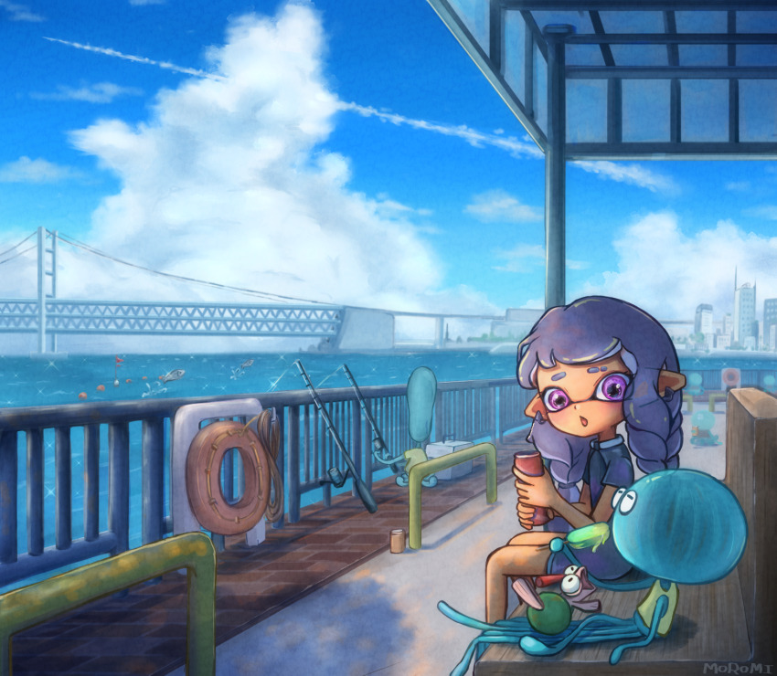 1girl :o artist_name bench blue_sky blush braid brick_floor bridge building can city cloud commentary_request contrail dark-skinned_female dark_skin day earrings eyebrow_cut fish fishing fishing_rod flag food hands_up highres holding holding_fishing_rod holding_food holding_popsicle horizon inkling inkling_girl inkling_player_character jellyfish_(splatoon) jewelry lifebuoy long_hair looking_to_the_side moromi_(kscd4482) nintendo ocean on_bench open_mouth outdoors pointy_ears popsicle purple_eyes purple_hair purple_shirt railing scenery shirt short_eyebrows short_sleeves sitting sky skyscraper smallfry_(splatoon) splatoon_(series) splatoon_3 suspension_bridge swim_ring t-shirt tentacle_hair twin_braids water white_shirt