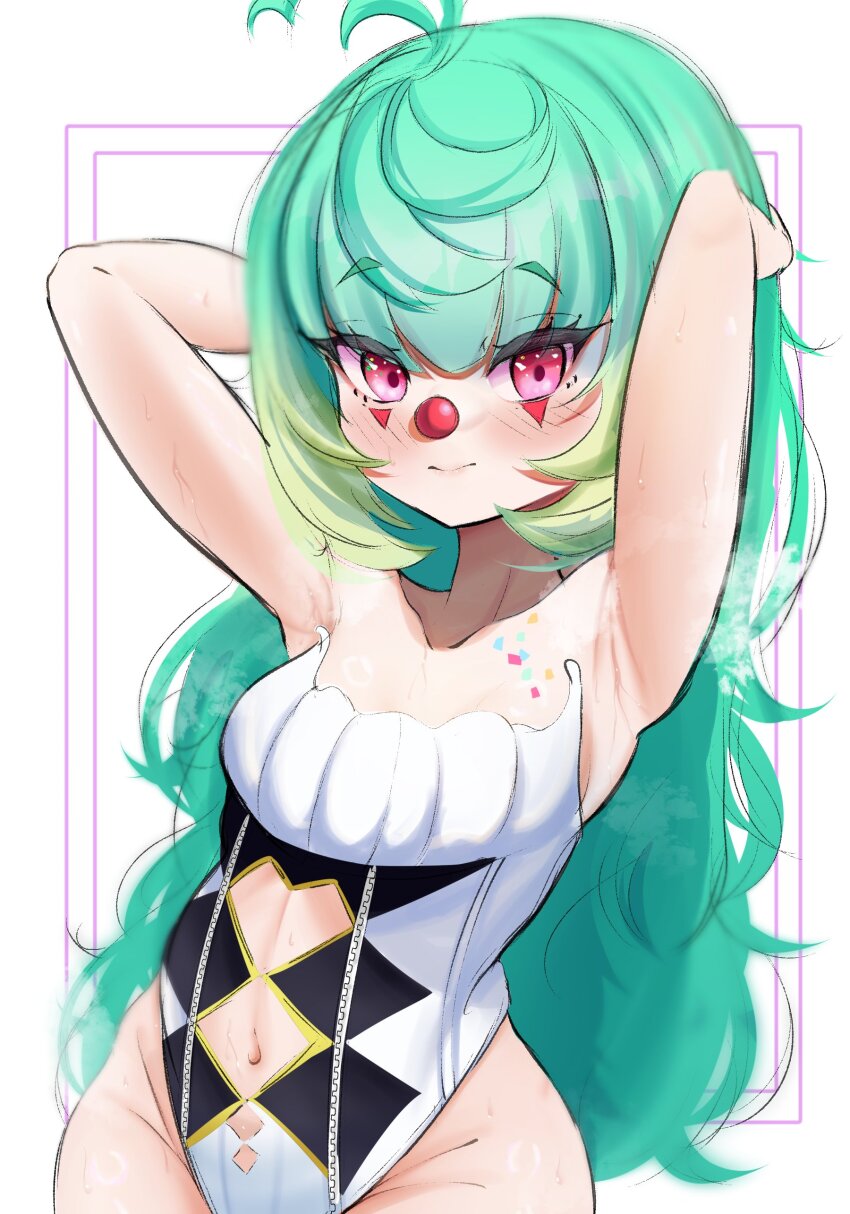 1girl absurdres ahoge armpits arms_up bare_shoulders blunt_bangs blush boosauce03 clothing_cutout clown_nose collarbone coni_confetti eyelashes facial_mark green_hair highleg highleg_leotard highres chromashift leotard long_hair looking_at_viewer multicolored_hair navel navel_cutout red_eyes sidelocks solo strapless strapless_leotard sweat two-tone_hair virtual_youtuber white_leotard zipper